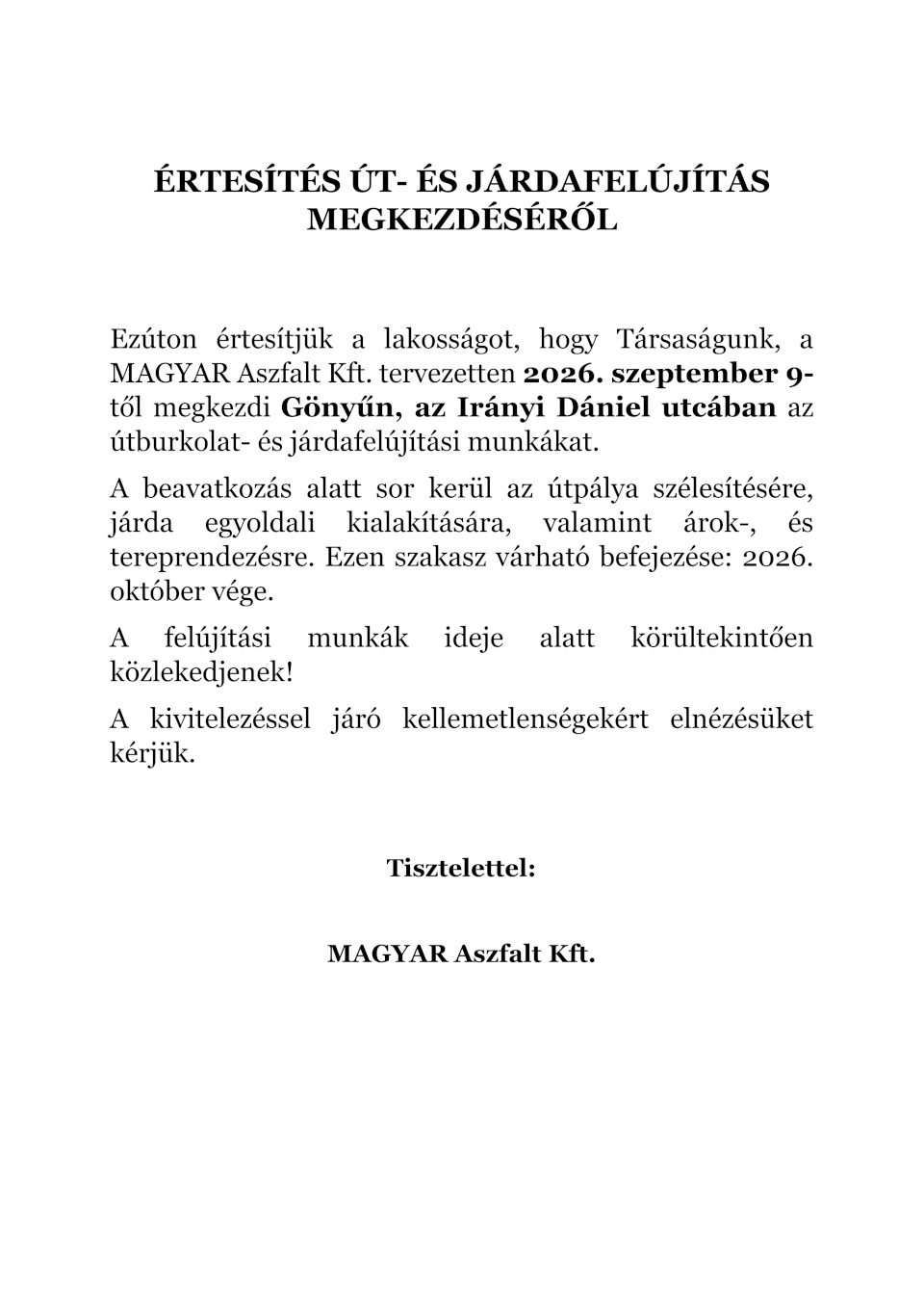 Értesítés út- és járdafelújítás megkezdéséről