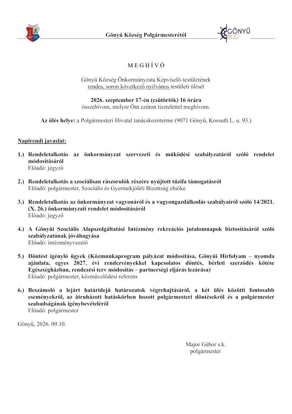 Meghívó - nyilvános testületi ülés; 2026. szeptember 17.