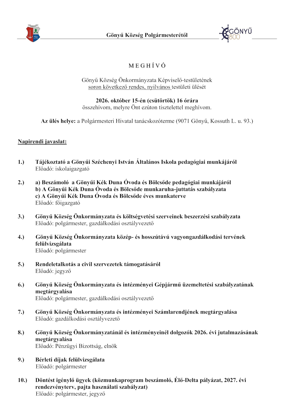 Meghívó - nyilvános testületi ülés; 2026. október 15.