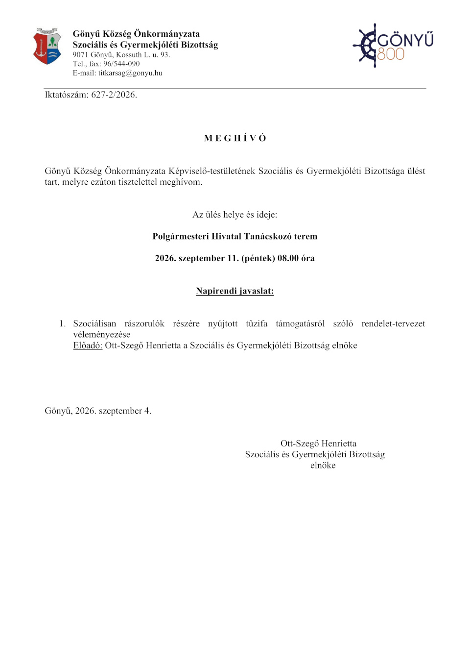 Meghívó - Szociális és Gyermekjóléti Bizottsági ülés